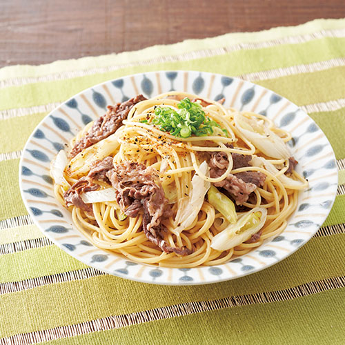 牛肉と長ねぎのめんつゆオイルパスタ