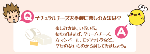 Q：ナチュラルチーズを手軽に楽しむ方法は？　A：楽しみ方は、いろいろ。初心者はまず、クリームチーズ、カマンベール、モッツァレラなど、クセのないものから試してみましょう。