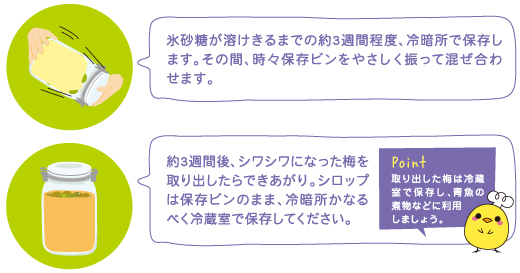 氷砂糖が溶けきるまでの約3週間程度、冷暗所で保存します。その間、時々保存ビンをやさしく振って混ぜあわせます。約3週間後、シワシワになった梅を取り出したらできあがり。シロップは保存ビンのまま、冷暗所かなるべく冷蔵室で保存してください。