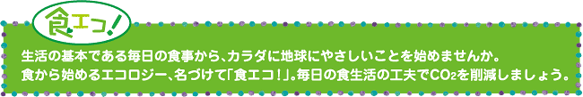 食エコ！生活の基本である毎日の食事から、カラダに地球にやさしいことを始めませんか。食から始めるエコロジー、名づけて｢食エコ！｣。毎日の食生活の工夫でCO2を削減しましょう。