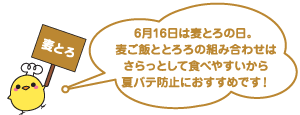 麦とろ：6月16日は麦とろの日。麦ご飯ととろろの組み合わせはさらっとして食べやすいから夏バテ防止におすすめです！