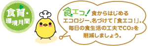 食育・環境月間　食エコ！食からはじめるエコロジー、名づけて「食エコ！」。毎日の食生活の工夫でCO2を削減しましょう。