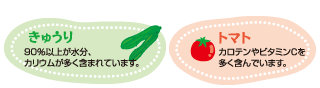 きゅうり：90％以上が水分、カリウムが多く含まれています。　トマト：カロテンやビタミンCを多く含んでいます。