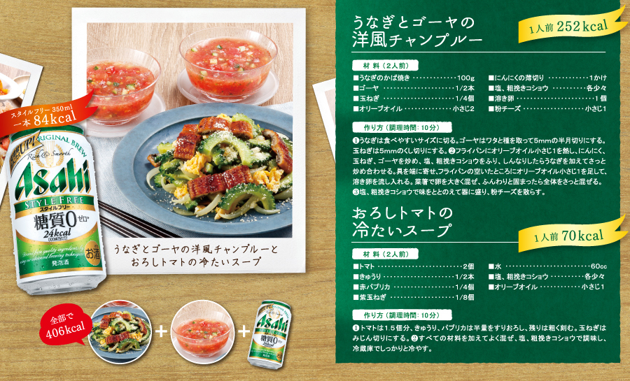 うなぎとゴーヤの洋風チャンプルー おろしトマトの冷たいスープ